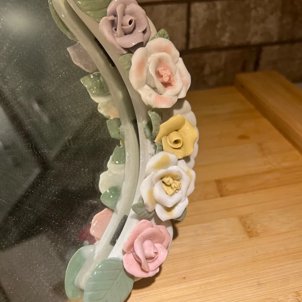 Vintage Oval Capodimonte Mirror Vanity Tray With Hand Formed Roses and Leaves